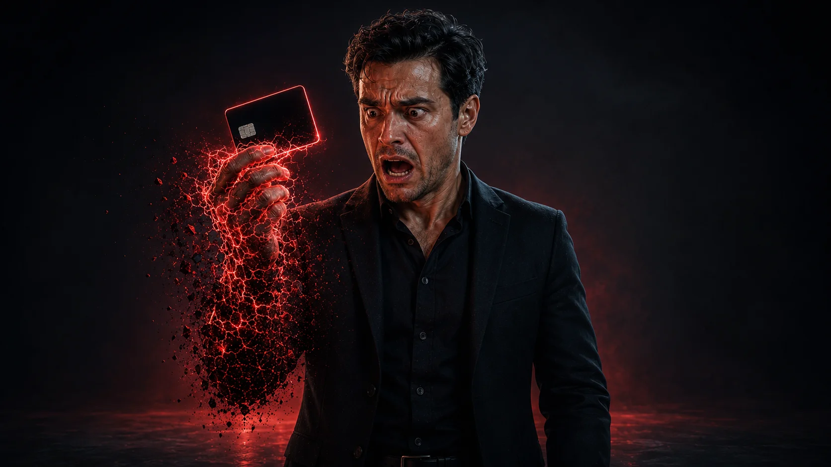 A shocked man in a black suit holds a card that appears to be exploding into red particles, conveying a sense of surprise or alarm.