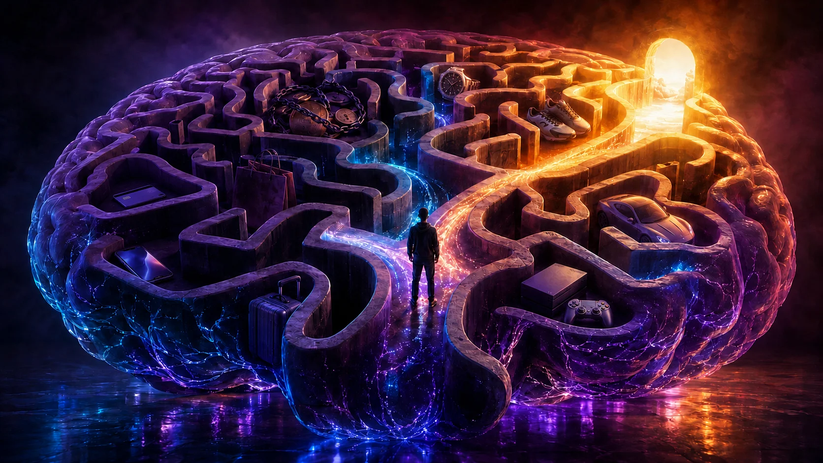 A person stands at the center of a labyrinthine brain, with a glowing path leading towards a bright doorway, symbolizing exploration and discovery of thought.