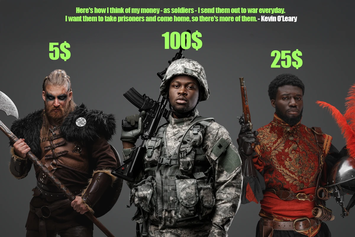 Three diverse warriors with monetary values and motivational quote.