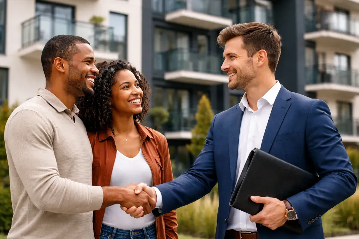 A real estate agent shakes hands with a couple outside an apartment building, all appearing pleased and engaged.
