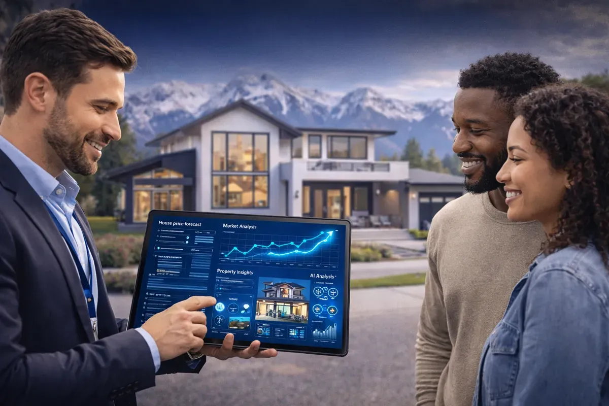 A real estate agent showing a digital presentation to a couple in front of a modern house, with mountains in the background. The agent highlights property insights and market analysis.