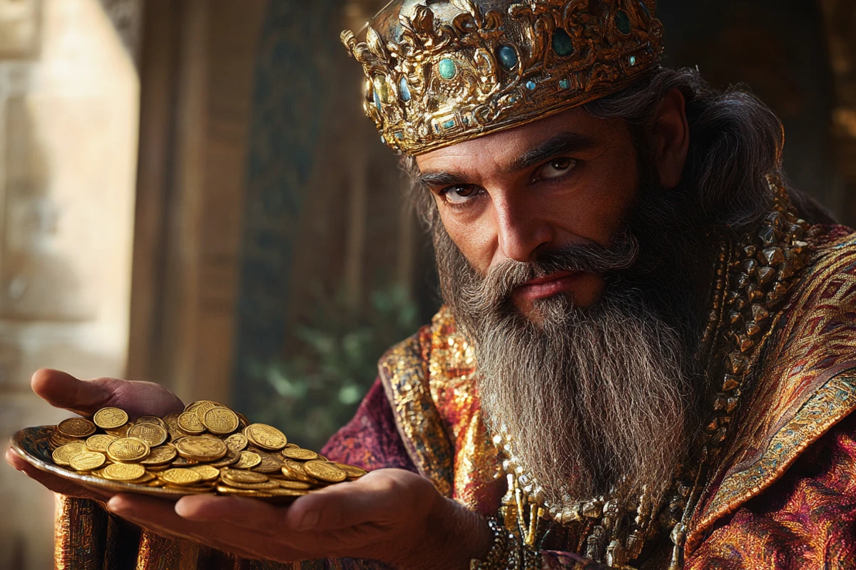 Regal man holding gold coins and wearing a crown.
