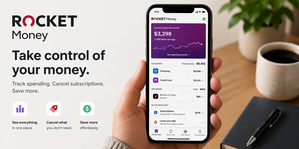 A hand holding a smartphone displaying the Rocket Money app with financial dashboard information. The background includes a plant and a wooden surface.