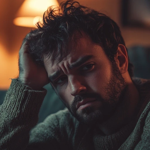 A distressed man clutching his hair.