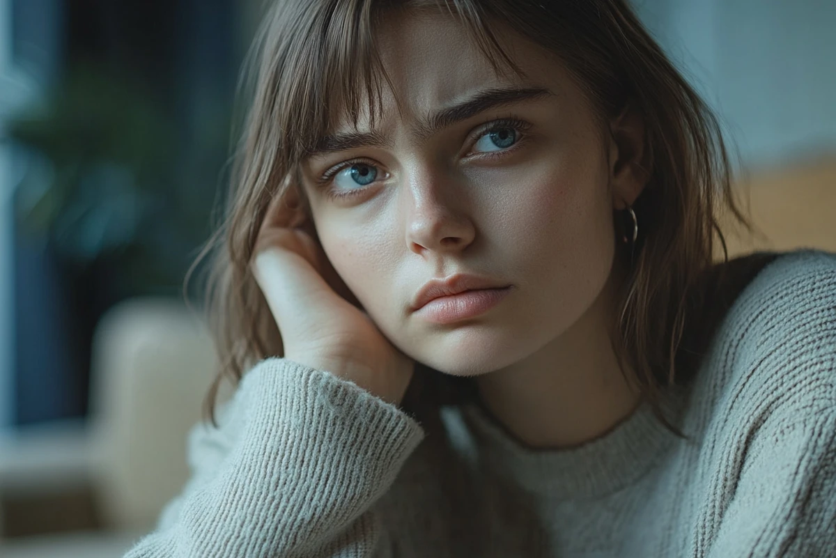 Pensive young woman in cozy sweater indoors.