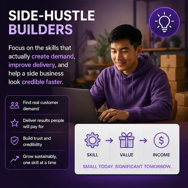 A young man working on a laptop while focused on building a side hustle. The image highlights tips for creating demand and improving delivery for small businesses.