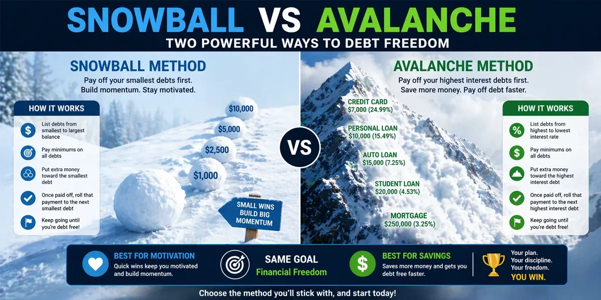 Comparison of the Snowball and Avalanche debt repayment methods, highlighting their benefits and how they work to achieve financial freedom.