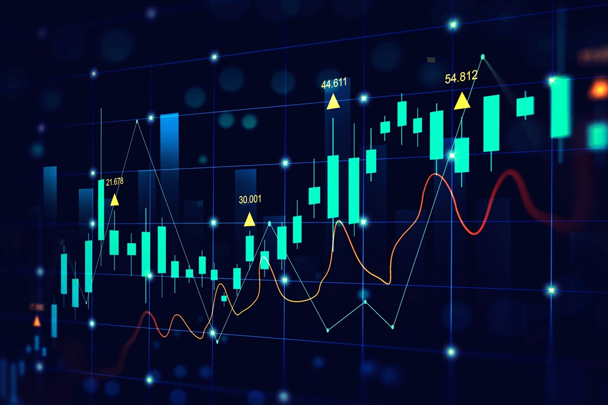 Dynamic digital stock market chart with trend lines
