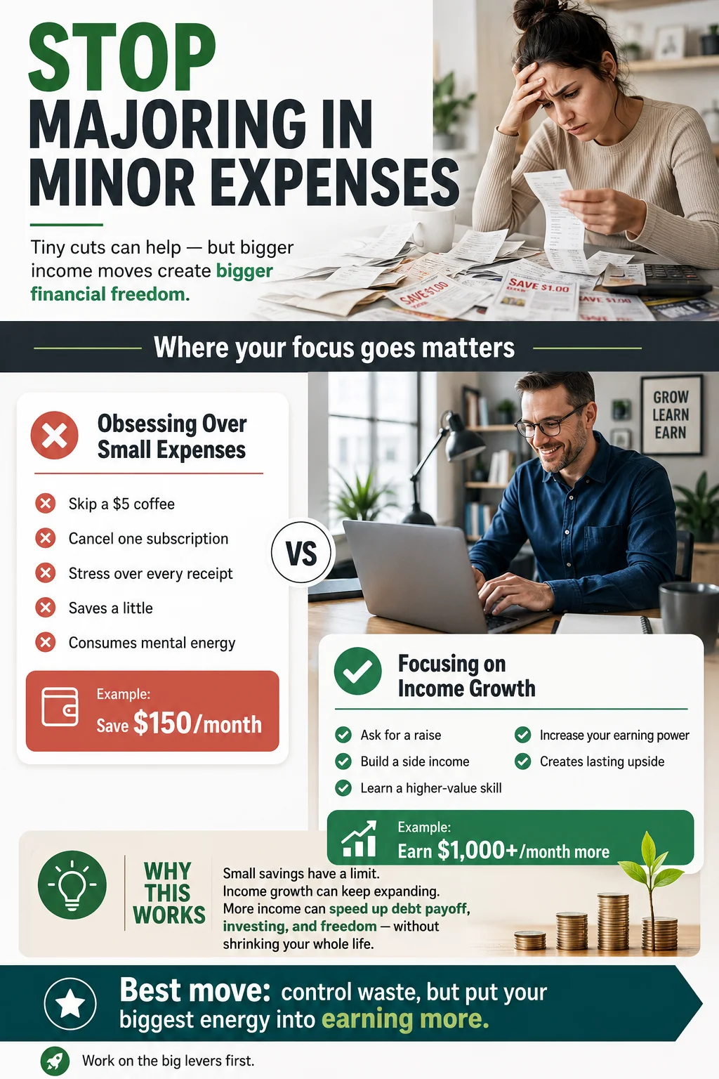A visually structured infographic emphasizing the importance of focusing on income growth rather than obsessing over small expenses for better financial freedom.