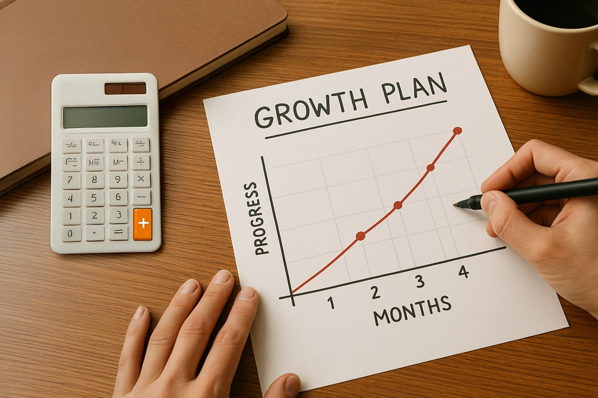 Person plotting monthly growth plan on chart