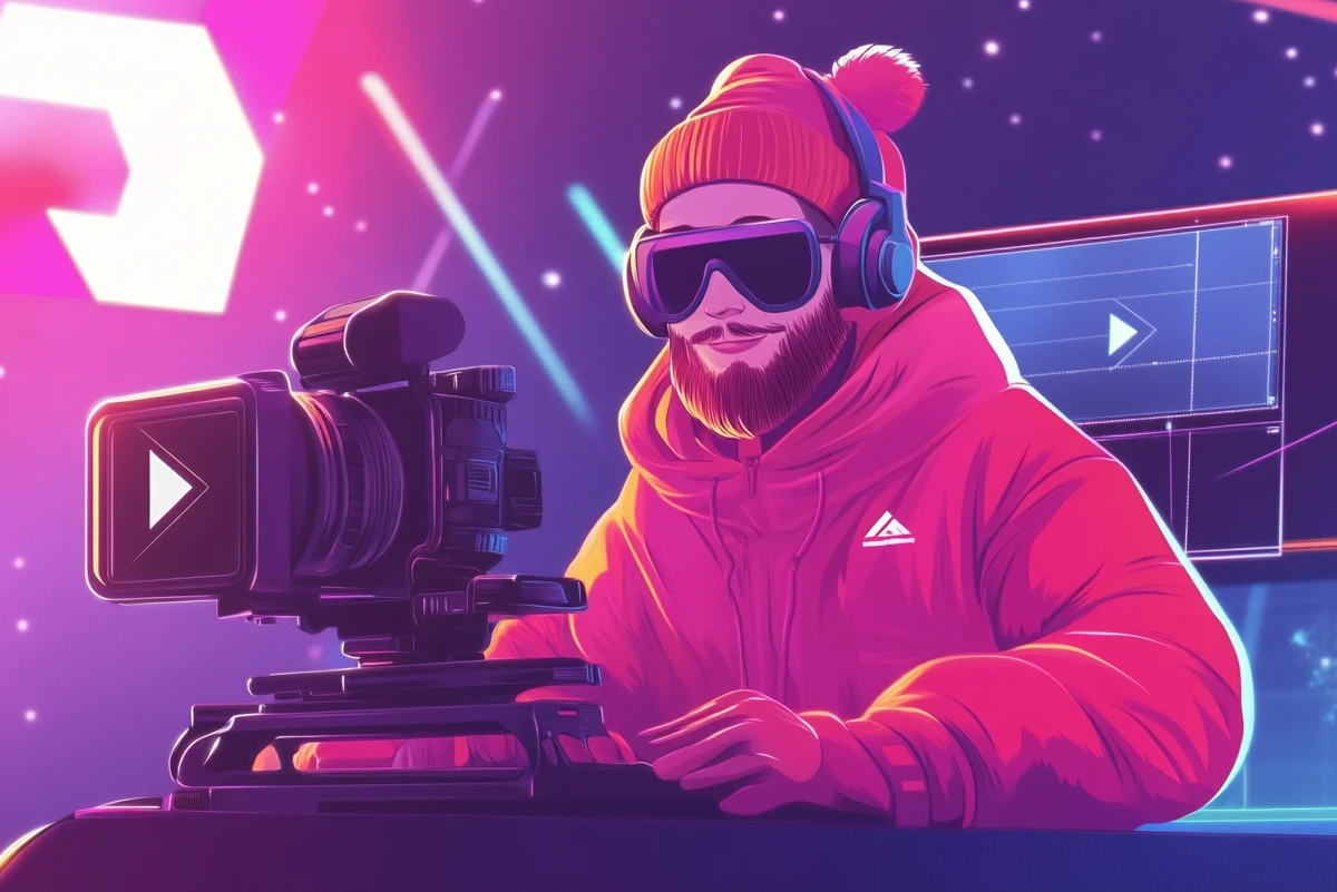 Videographer recording with neon lights background
