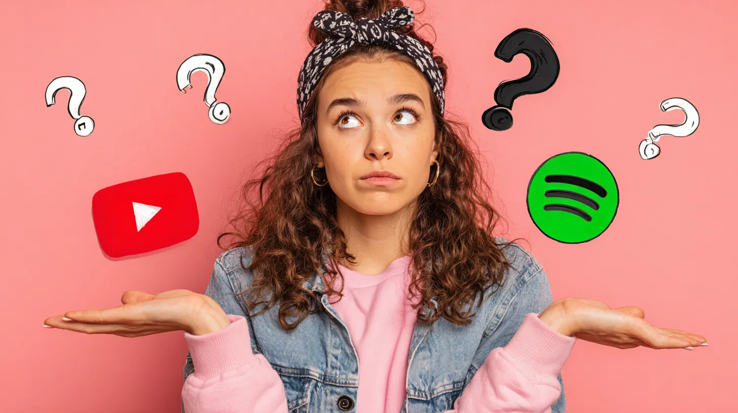 A woman with a puzzled expression stands against a pink background, balancing YouTube and Spotify logos with question marks around her.