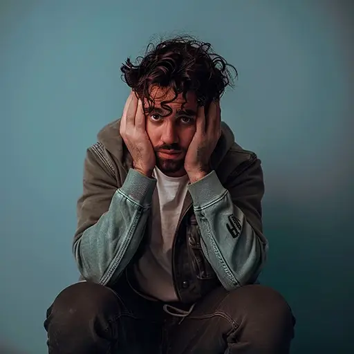 A man sitting with his elbows on his knees seemingly exhausted