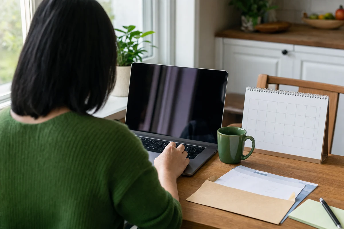 An adult uses a laptop at a kitchen table beside a blank calendar and envelopes, suggesting an automatic savings routine.