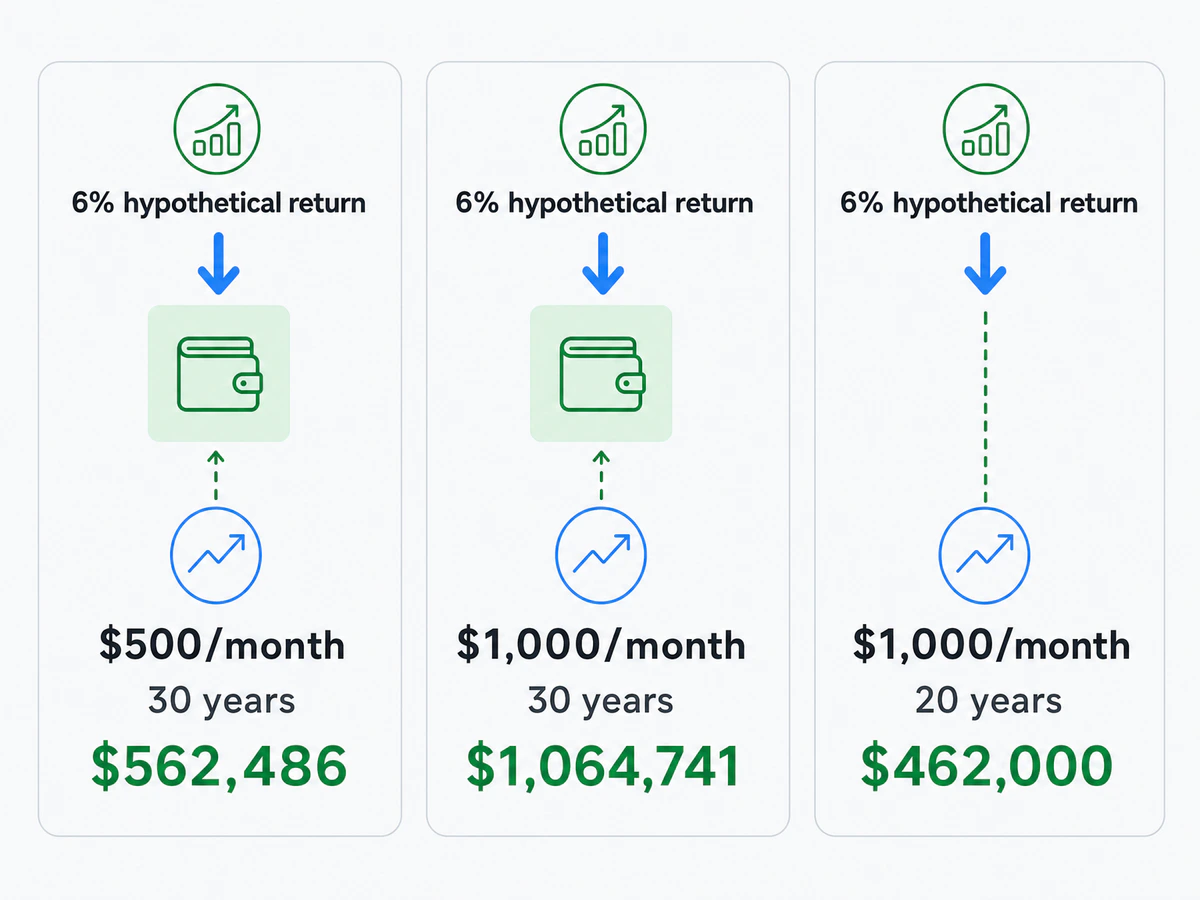 Three-column investment comparison graphic showing 6% hypothetical return scenarios with monthly contributions, time horizons, and ending balances.