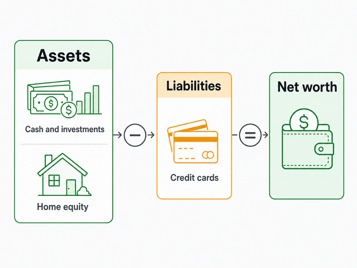 Net worth diagram shows assets and liabilities feeding into a highlighted net worth result.