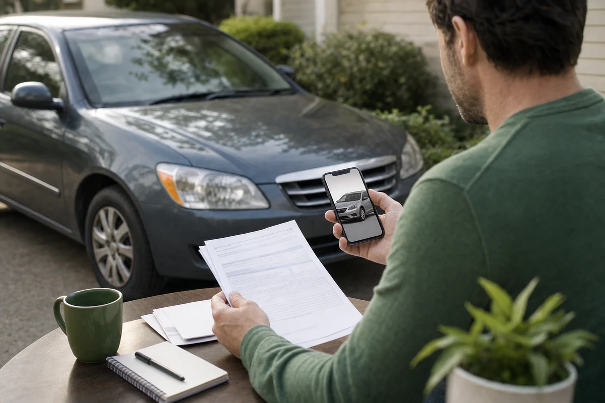A person reviews paperwork and a phone beside an older car in a driveway, suggesting the cost tradeoff of keeping versus upgrading a vehicle.
