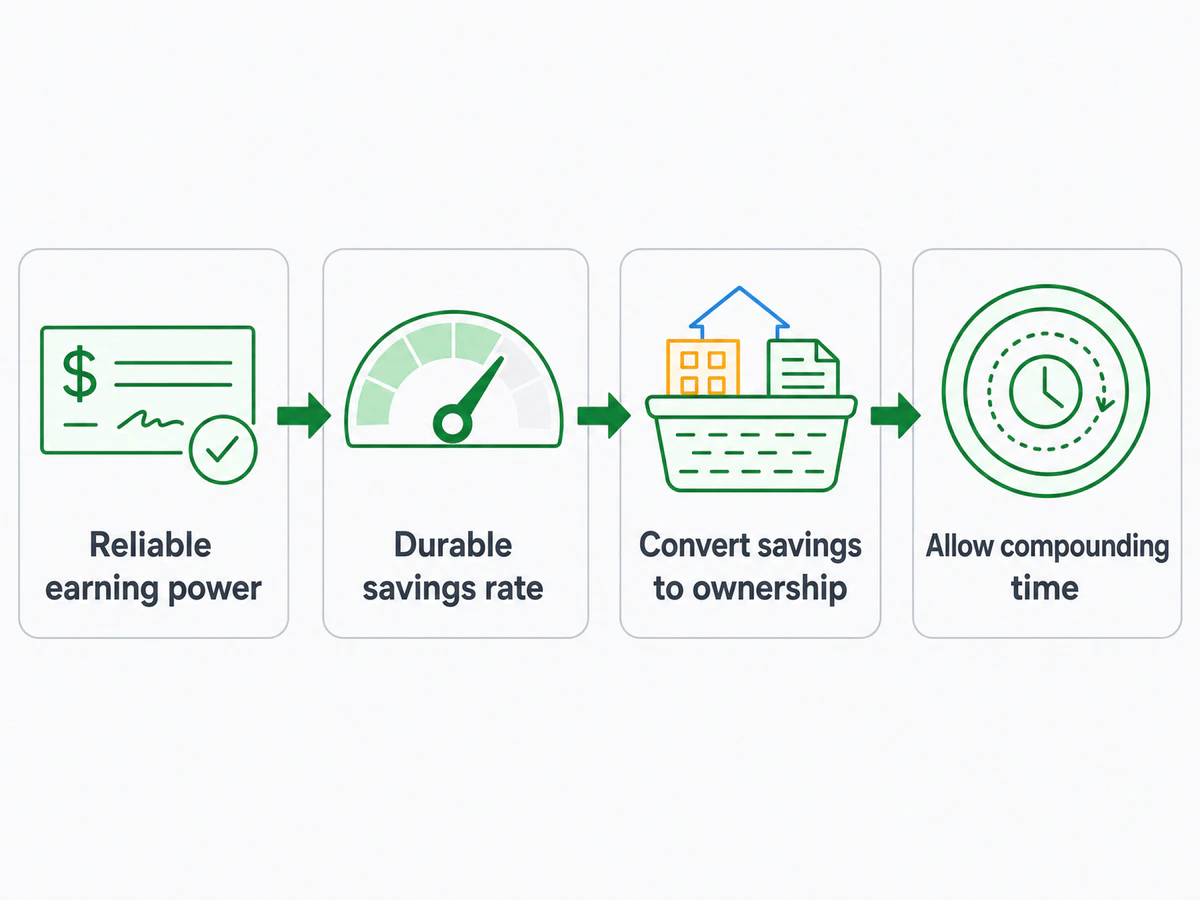Four connected panels show earning, saving, ownership, and compounding as the engines of wealth building.
