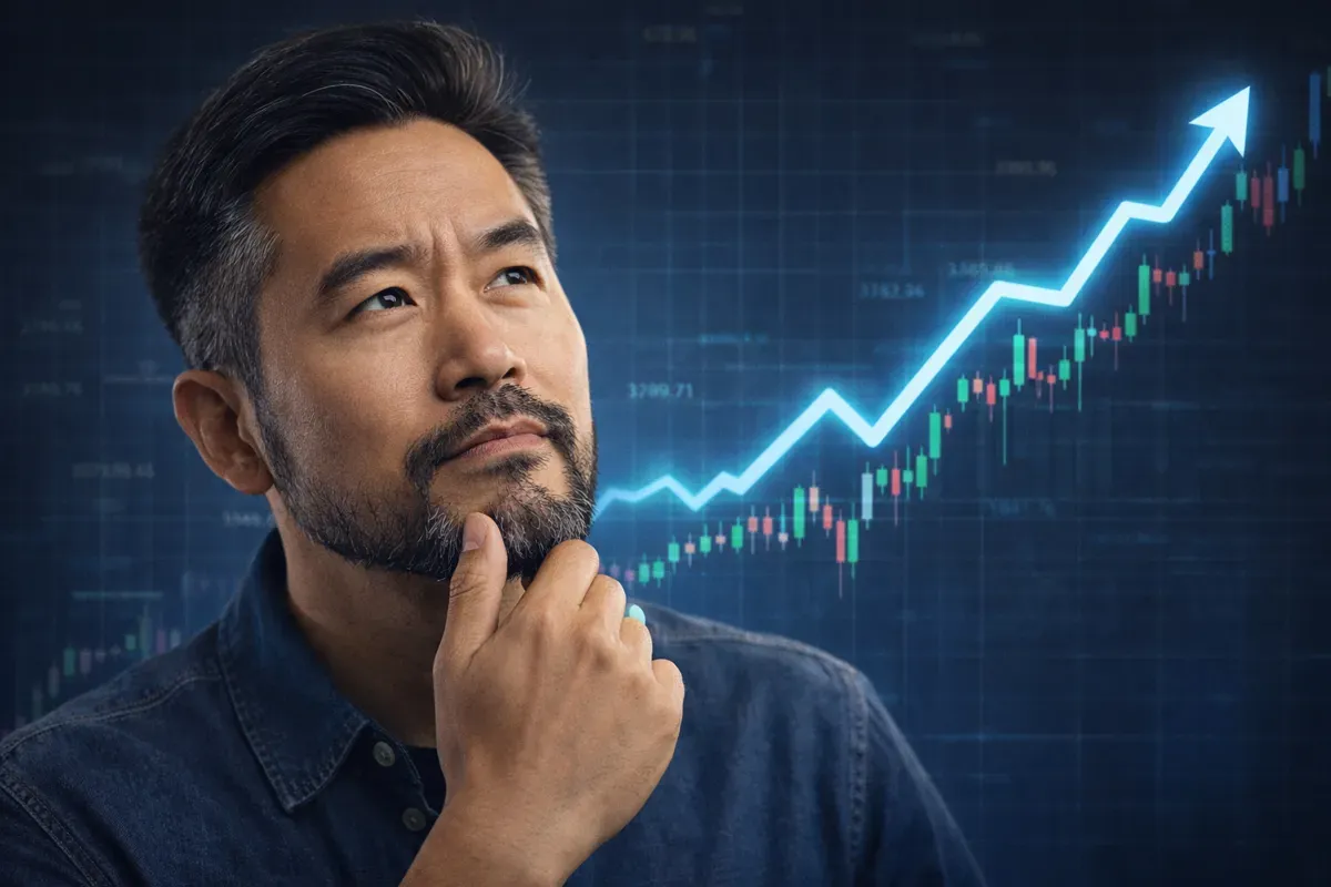 A pensive man with a beard contemplates stock market trends, indicated by a rising graph behind him.
