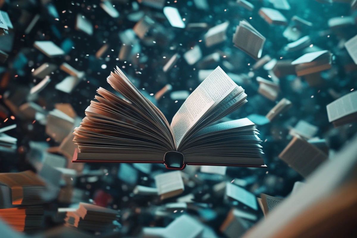 Open book amidst flying pages in the air.
