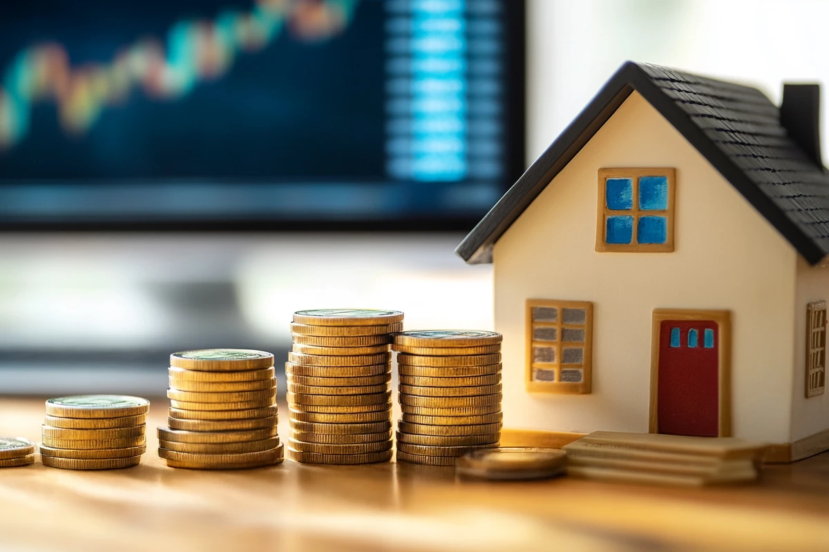 Model house beside stacked coins on desk