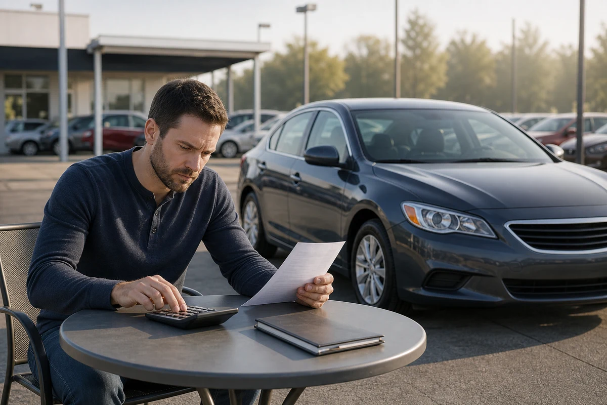 A car buyer calculates total ownership costs beside a reliable used sedan before making a purchase.