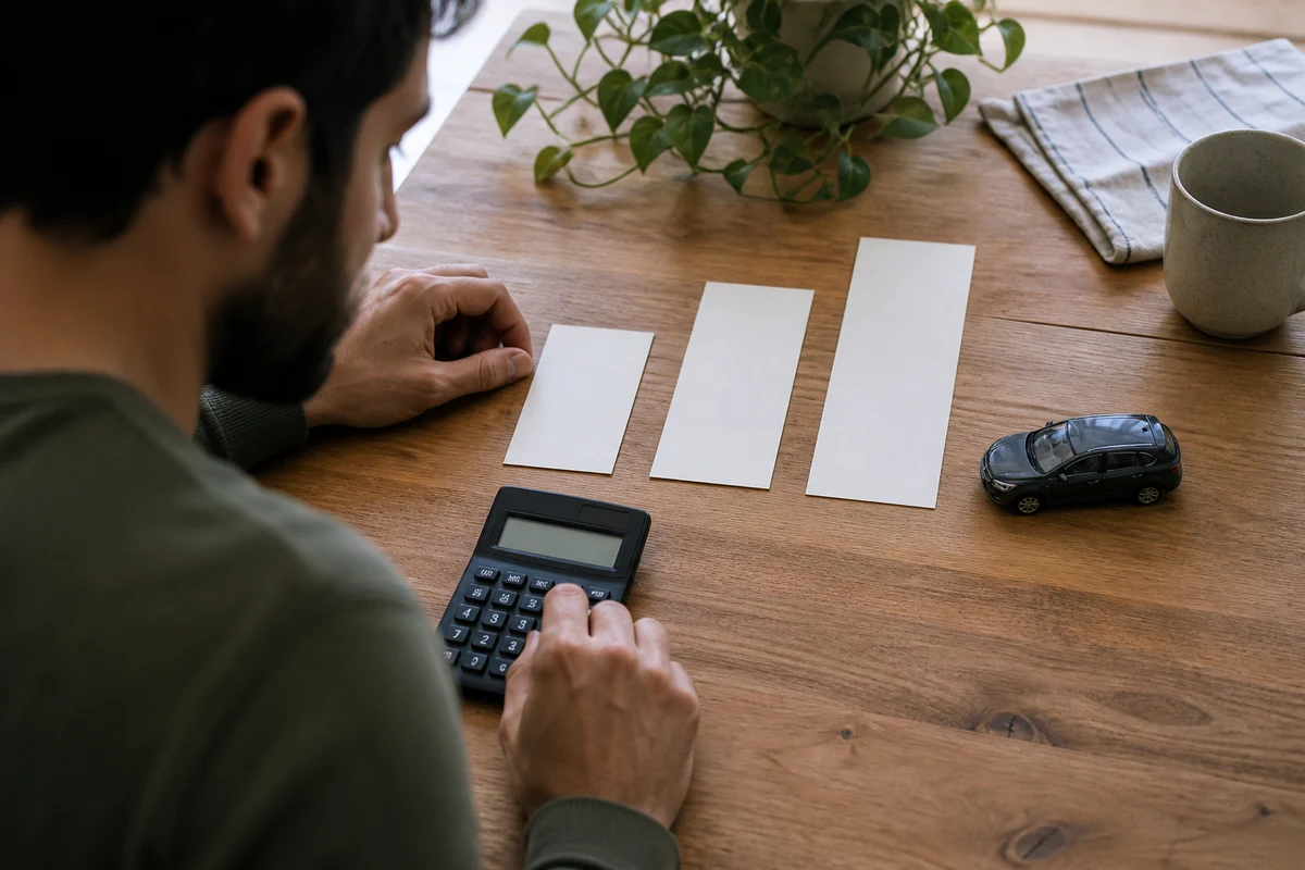 Buyer compares three auto loan term lengths beside a model car and calculator