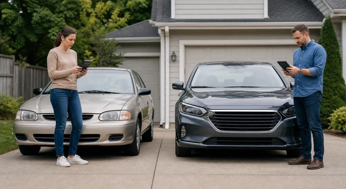 Side-by-side comparison of a modest used car and a more expensive newer vehicle