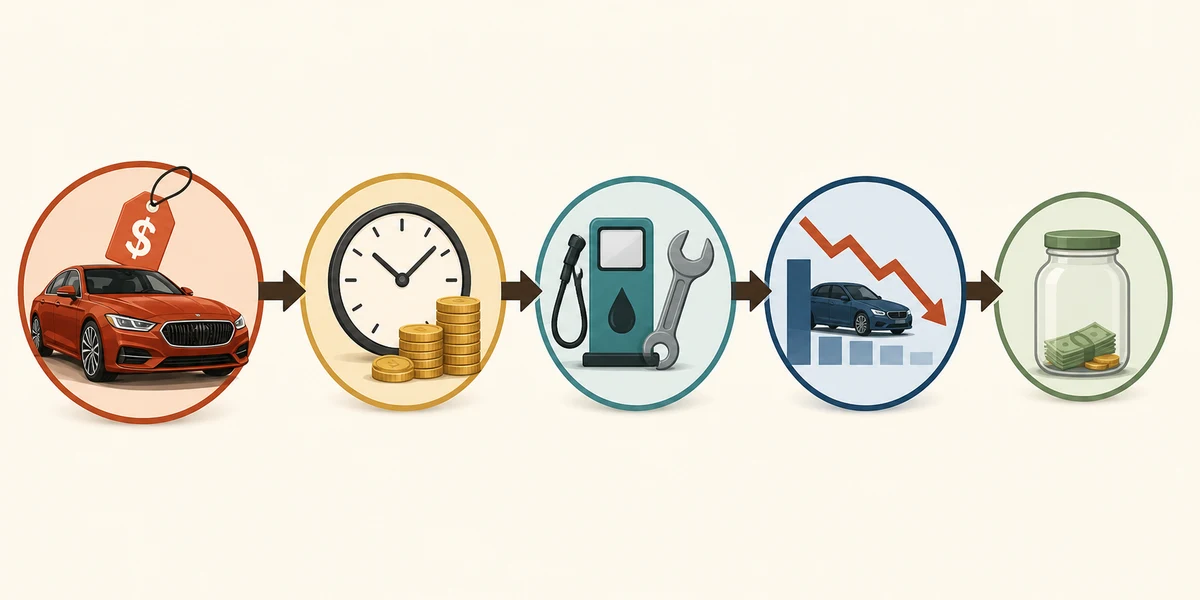 Infographic connects car price, financing, operating costs, depreciation, and reduced savings