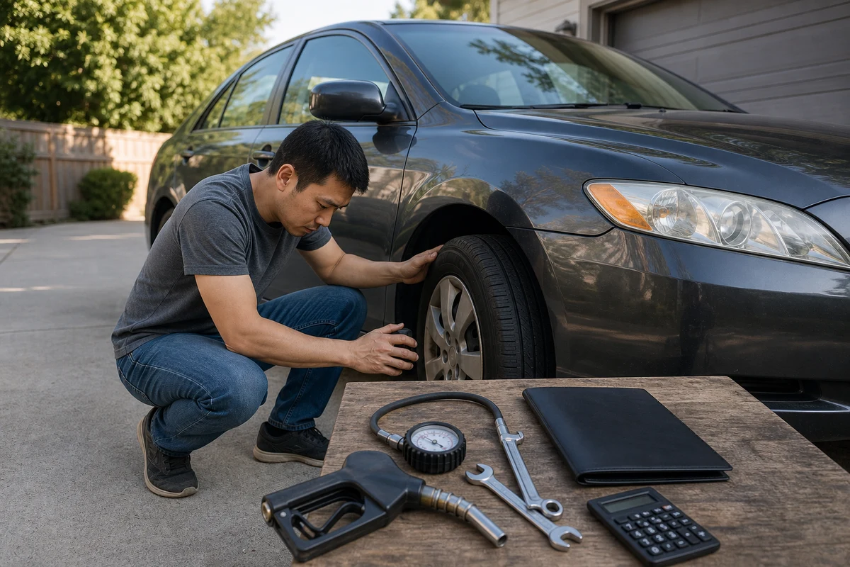Car owner checks tire condition beside tools representing the full cost of vehicle ownership