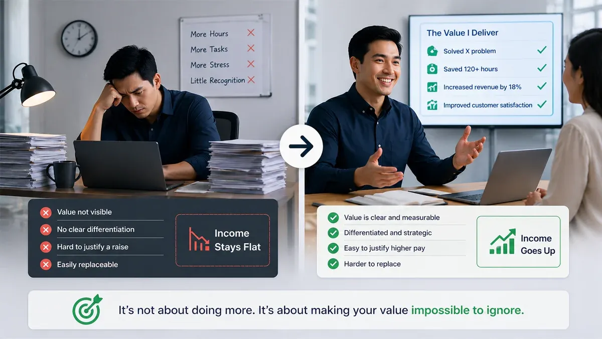 A split-screen comparison showing the challenges of income stagnation on the left and improved value delivery with measurable results on the right.
