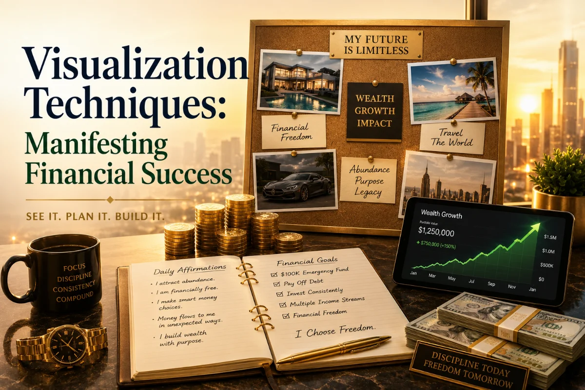 A motivational setup featuring financial affirmations, a wealth growth chart on a smartphone, and symbols of success like stacks of coins and a golden clock. The background showcases a modern city skyline.