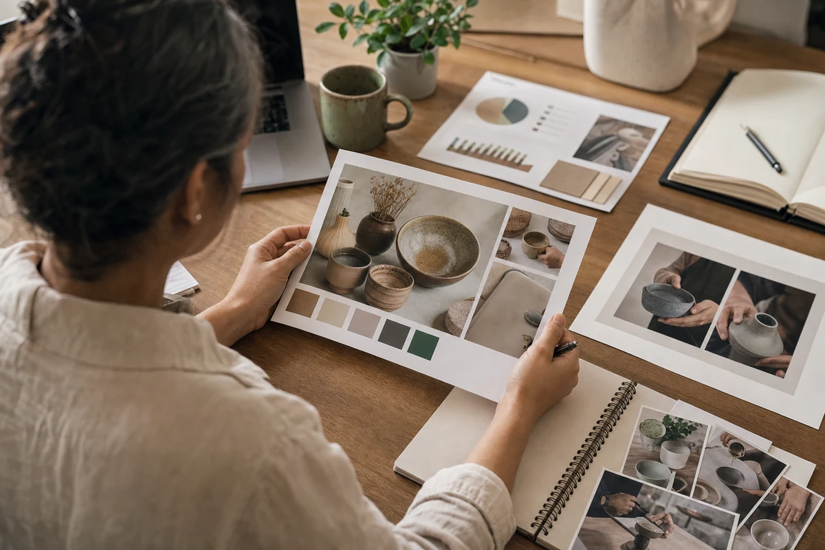 Over-the-shoulder view of a creator reviewing pottery mockups and color swatches at a desk.