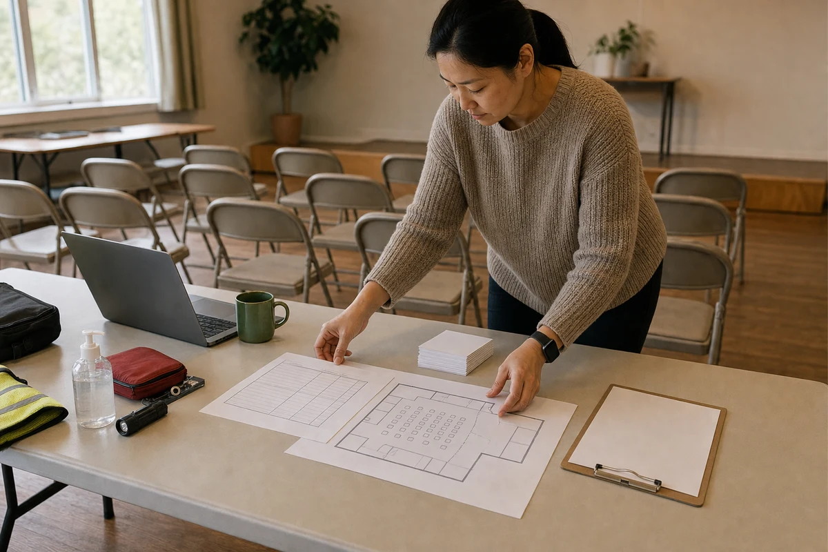Organizer reviews seating plans and event supplies in a temporary room before committing to a larger venue.