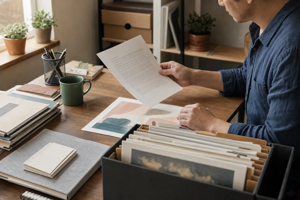 Business owner compares a printed agreement with artwork proofs and source files at a desk, suggesting rights review before reuse.