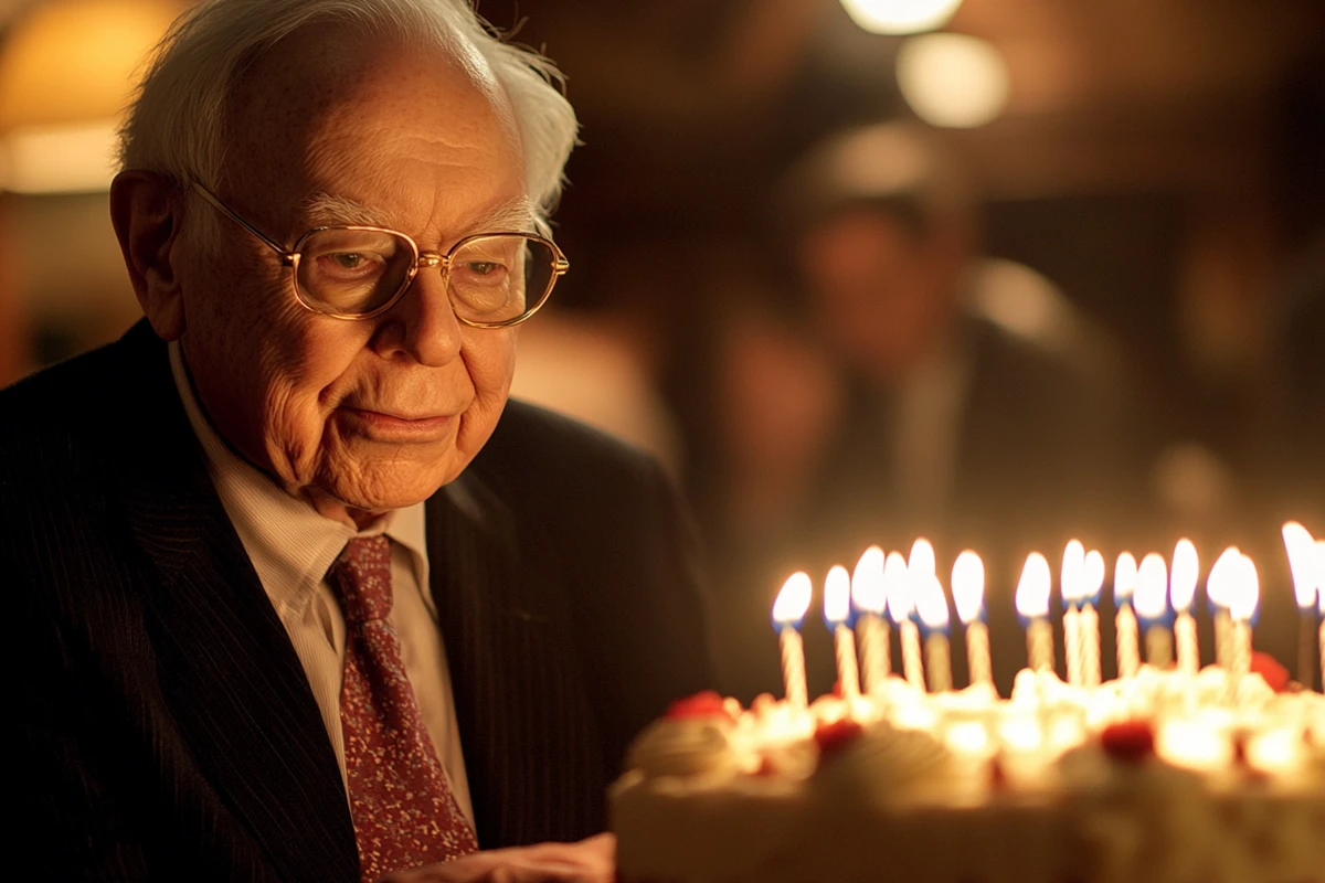 Elderly man smiling at lit birthday cake in dim light