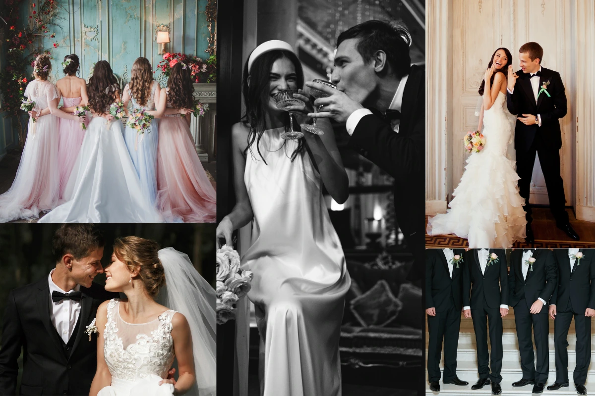 Collage of diverse, joyful wedding moments and elegant attire