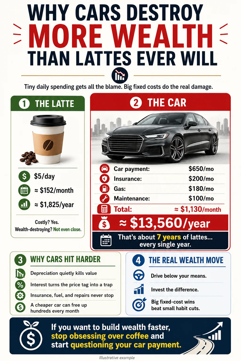 An infographic comparing the long-term financial costs of owning a car versus a daily coffee purchase, highlighting expenses like insurance, gas, and depreciation.