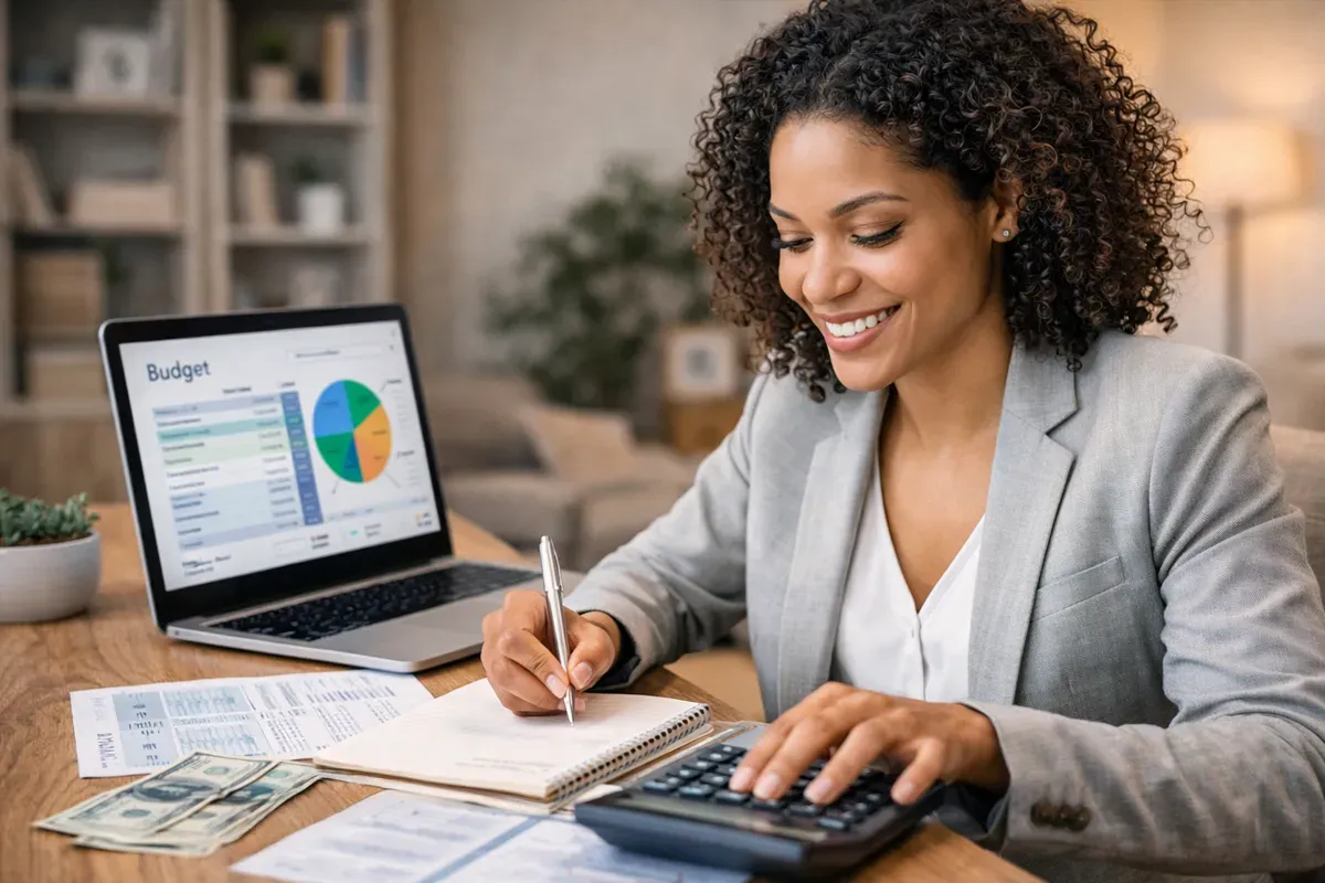 A woman with curly hair is smiling while using a calculator and writing in a notebook, with a laptop displaying a budget chart next to her.