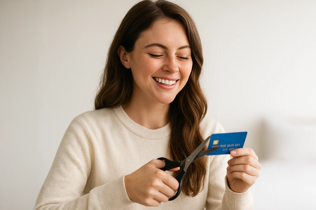 A woman cutting up her credit card to get out of debt