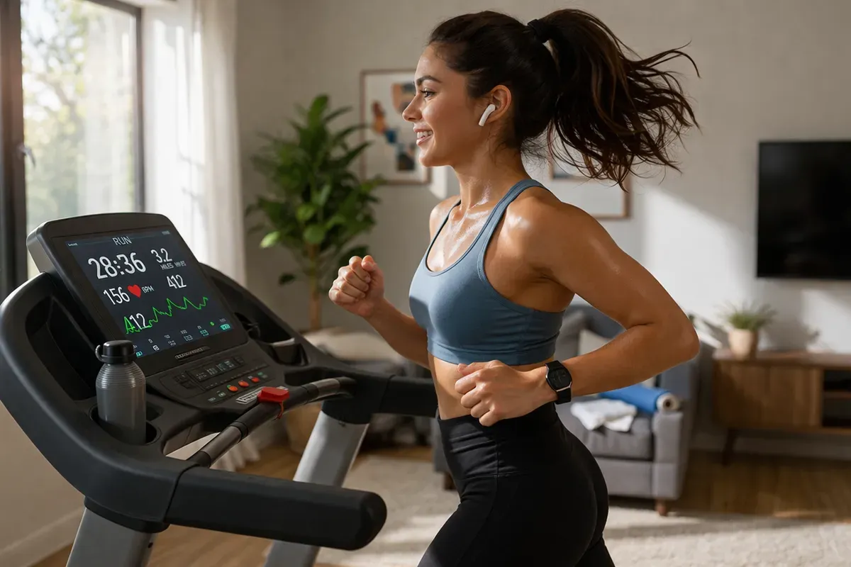 A woman is running on a treadmill indoors, wearing workout gear and wireless earbuds, with a fitness tracker on her wrist.