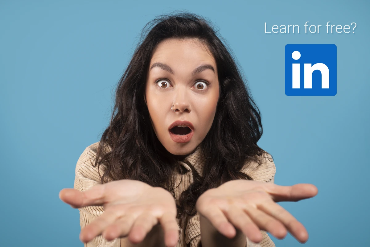 Surprised woman who got LinkedIn learning for free.