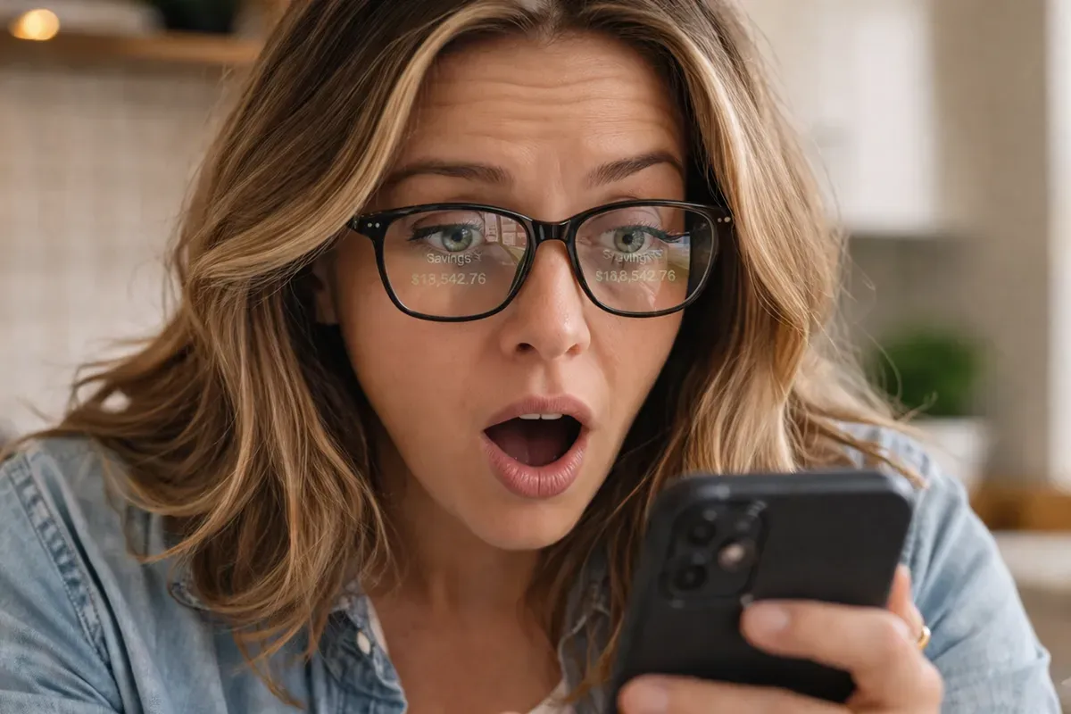 A woman with glasses looks shocked while checking her phone, displaying a financial balance. She appears surprised and engaged in her device.