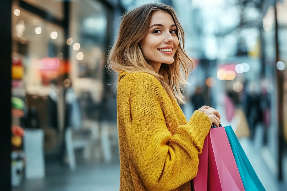 Woman in yellow sweater shopping with colorful bags