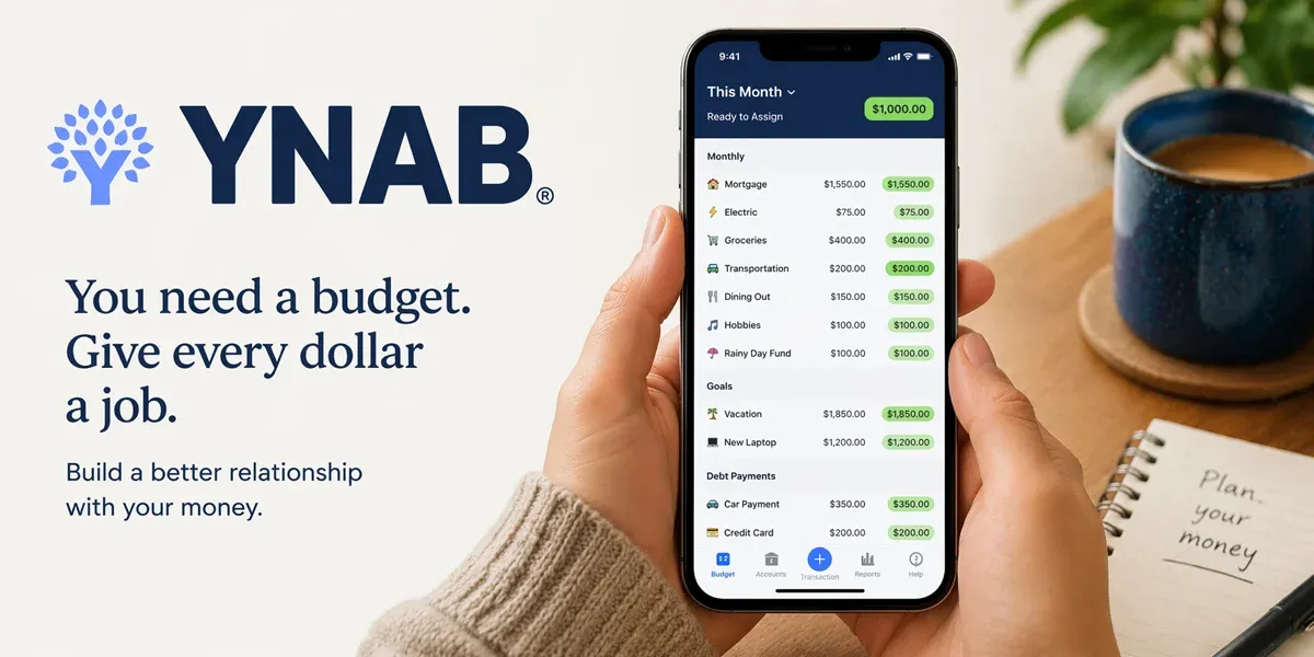 A user holding a smartphone displaying the YNAB budgeting app, showing various budgeting categories and amounts. The background features a notepad with 'Plan your money' written on it.