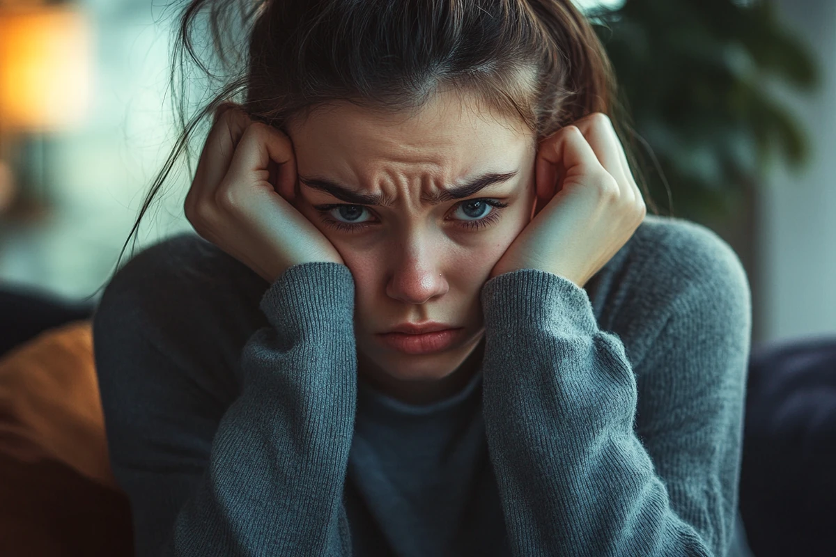 Worried young woman holding her head indoors