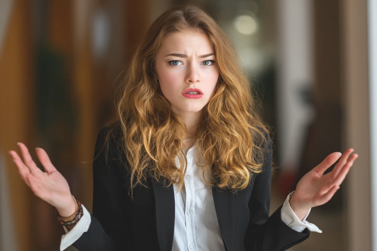 A young woman with long wavy hair in a business suit stands indoors, looking puzzled with her arms outstretched and eyebrows raised.