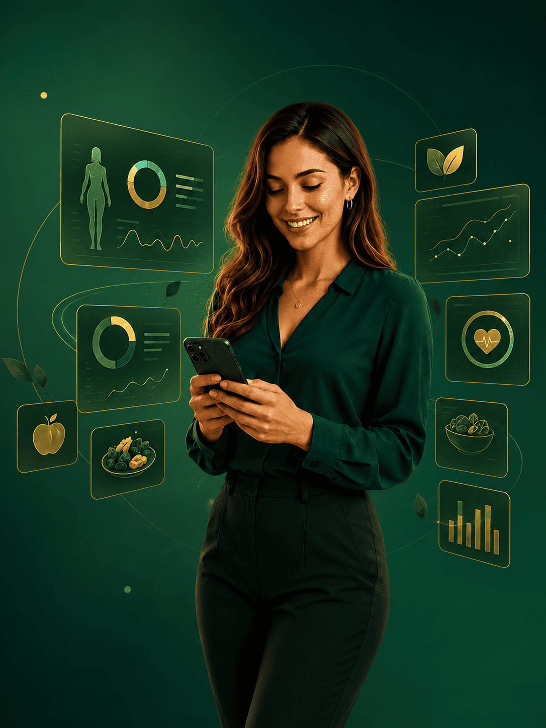 Profissional segurando celular com painéis inteligentes do AppNutrir
