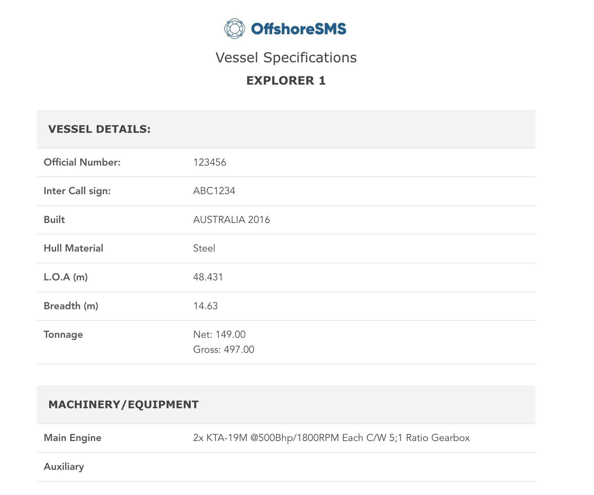 Specifications Sheet