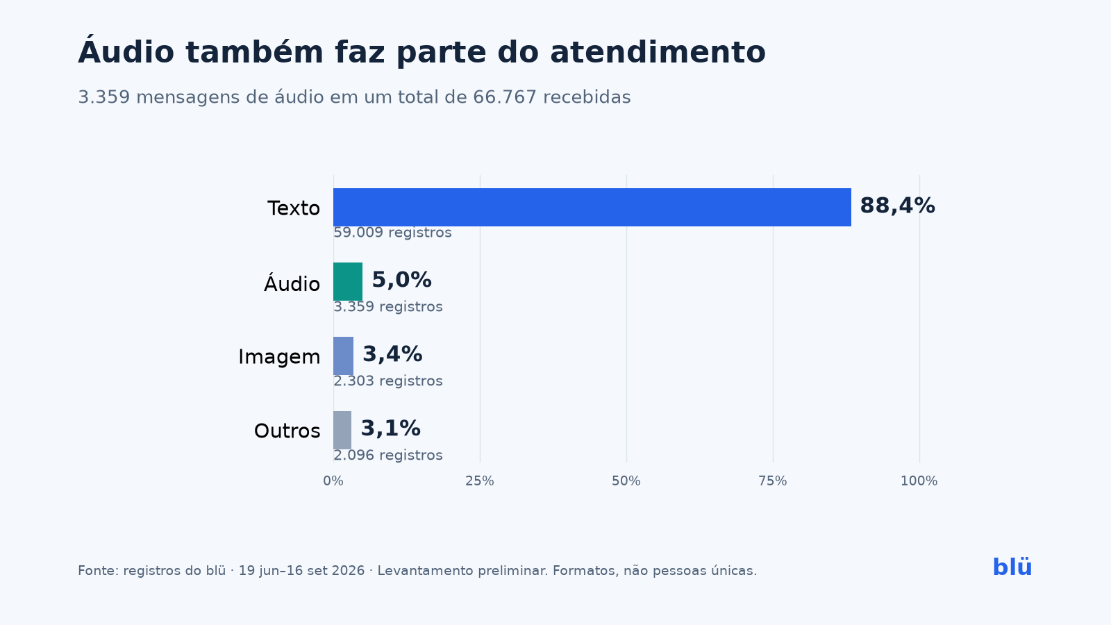 Gráfico dos formatos recebidos: texto 88,4%, áudio 5,0%, imagem 3,4% e outros 3,1%.